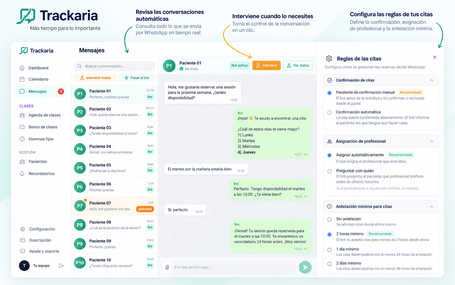 Conversaciones y reglas de reserva en Trackaria